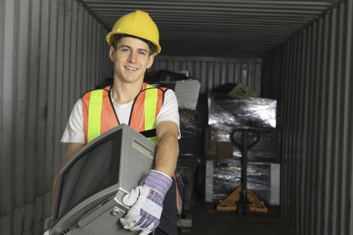 A young man wearing a yellow hard hat, high visibility vest with orange and yellow stripes, and work gloves is standing inside a corrugated metal storage container. He is smiling and holding a large, old computer monitor with a dark grey plastic frame and screen, which appears to be decommissioned. Behind him, several stacked cardboard boxes wrapped in clear plastic film are visible, along with a pallet truck positioned against the container wall. The lighting inside the container is subdued, highlighting the metallic grey walls and ceiling. The scene suggests a waste clearance or rubbish removal process, relevant to services provided by House Clearance Loughton in the local area, possibly related to clearing electronic waste and packaging materials from residential or commercial properties in Essex or nearby regions.